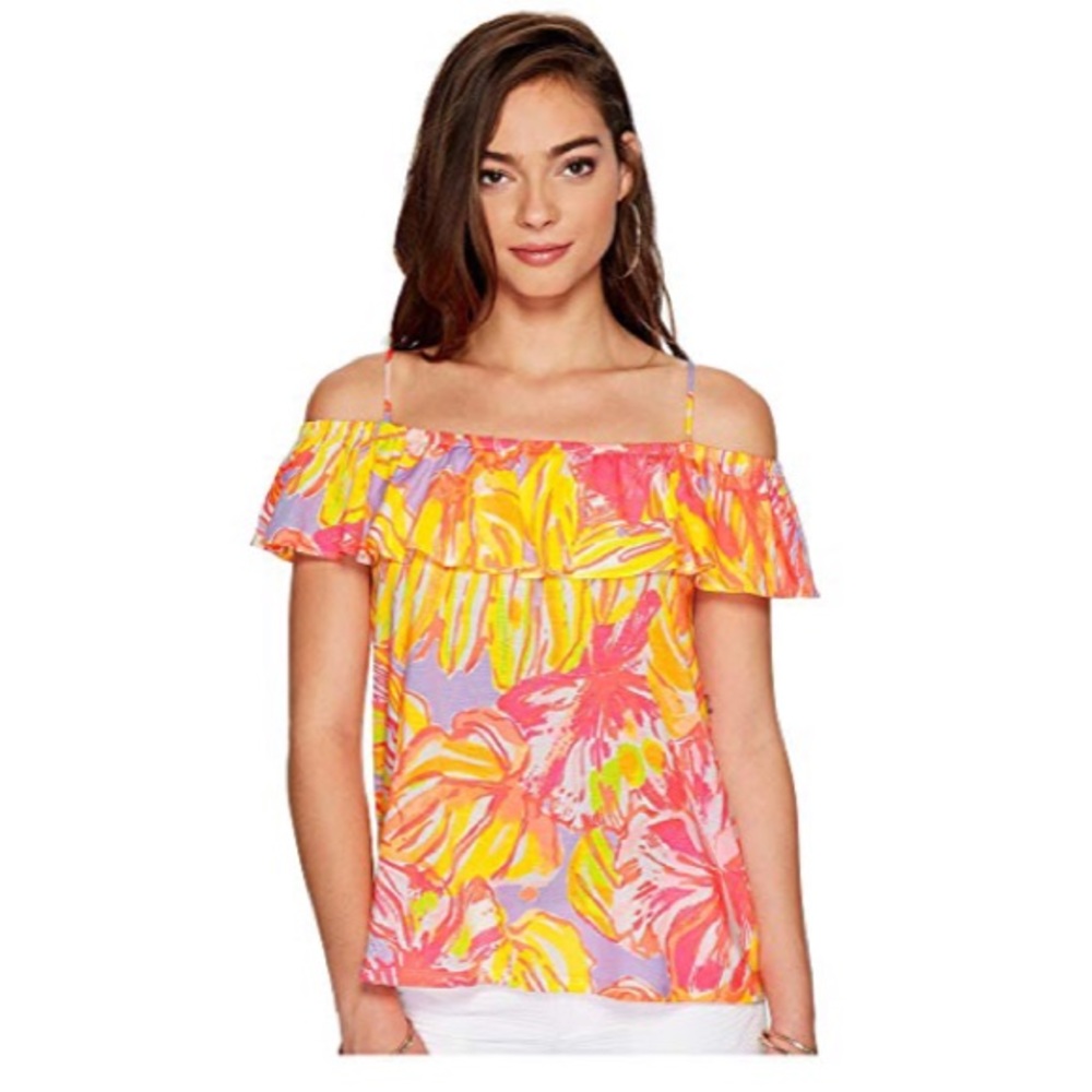 Lilly Pulitzer Off-Shoulder Ruffle Floral Top in Pink, Yellow and Purple